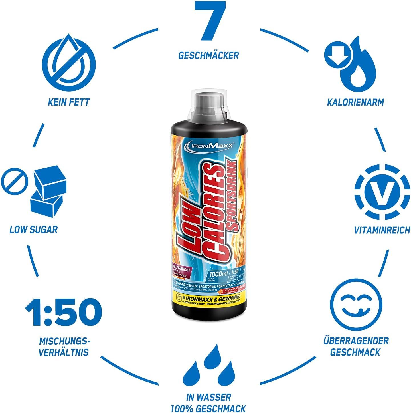 imageIronMaxx LowCal Syrup Zero Multifrucht 1000ml Sirop sans sucre 1100 donne 100L de boisson avec 22mg de LCarnitine et 19mg de Magnsium