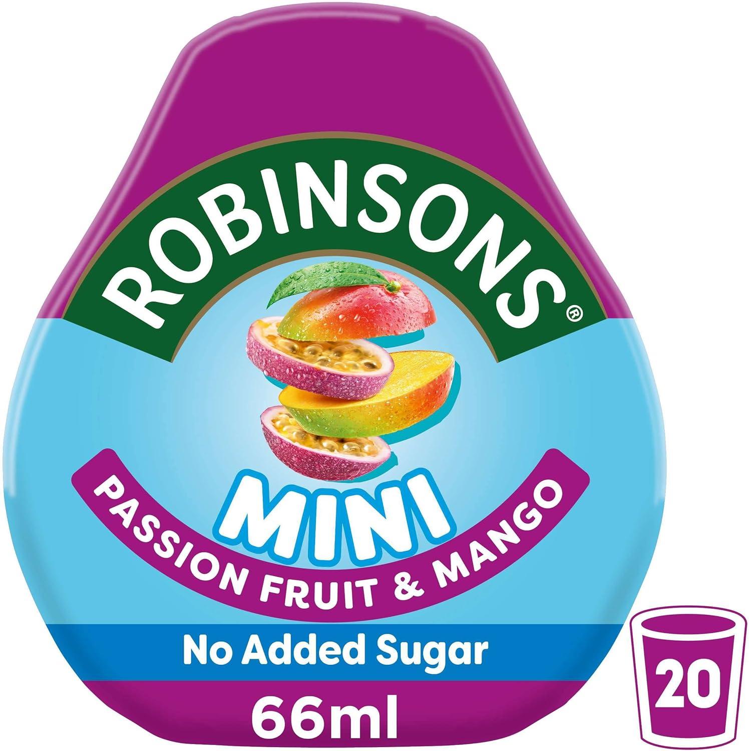 imageRobinsons Mini Sans sucre ajout Faible teneur en calories Fruit de la passion et mangue Pour 20 boissons par paquet