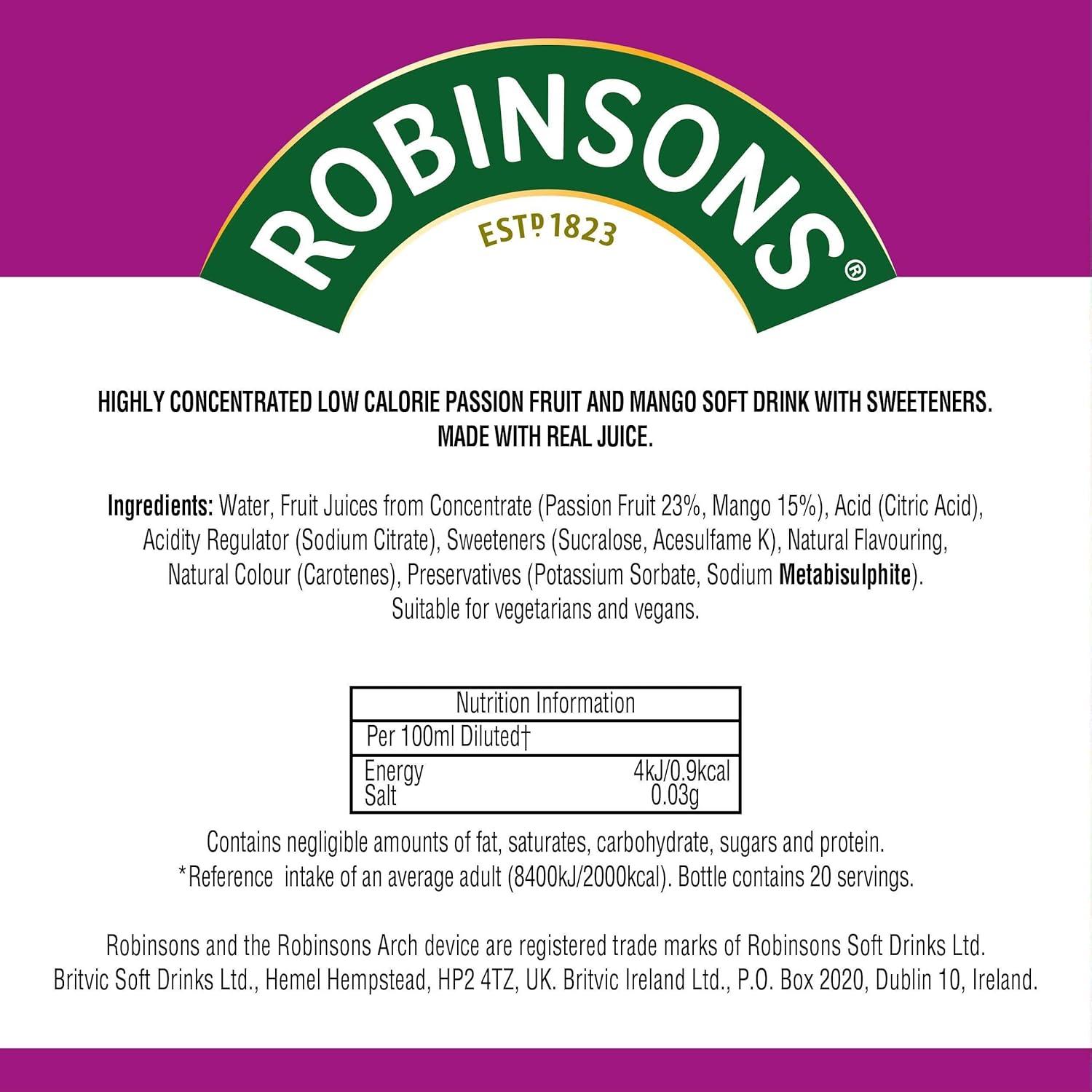 imageRobinsons Mini Sans sucre ajout Faible teneur en calories Fruit de la passion et mangue Pour 20 boissons par paquet