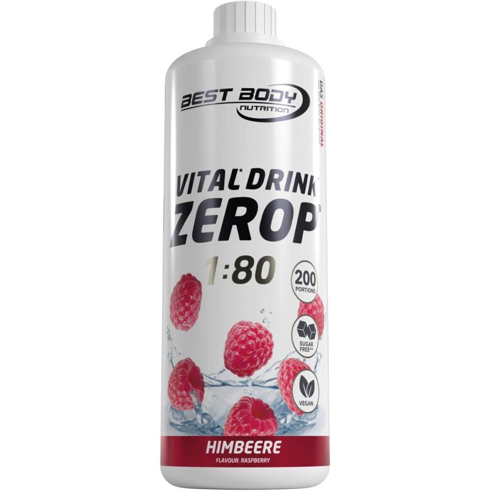 imageBest Body Nutrition Vital Drink ZEROP  Th glac pche Boisson concentre  sirop  sans sucre 180 donne 80 litres de boisson 1000 mlFramboise