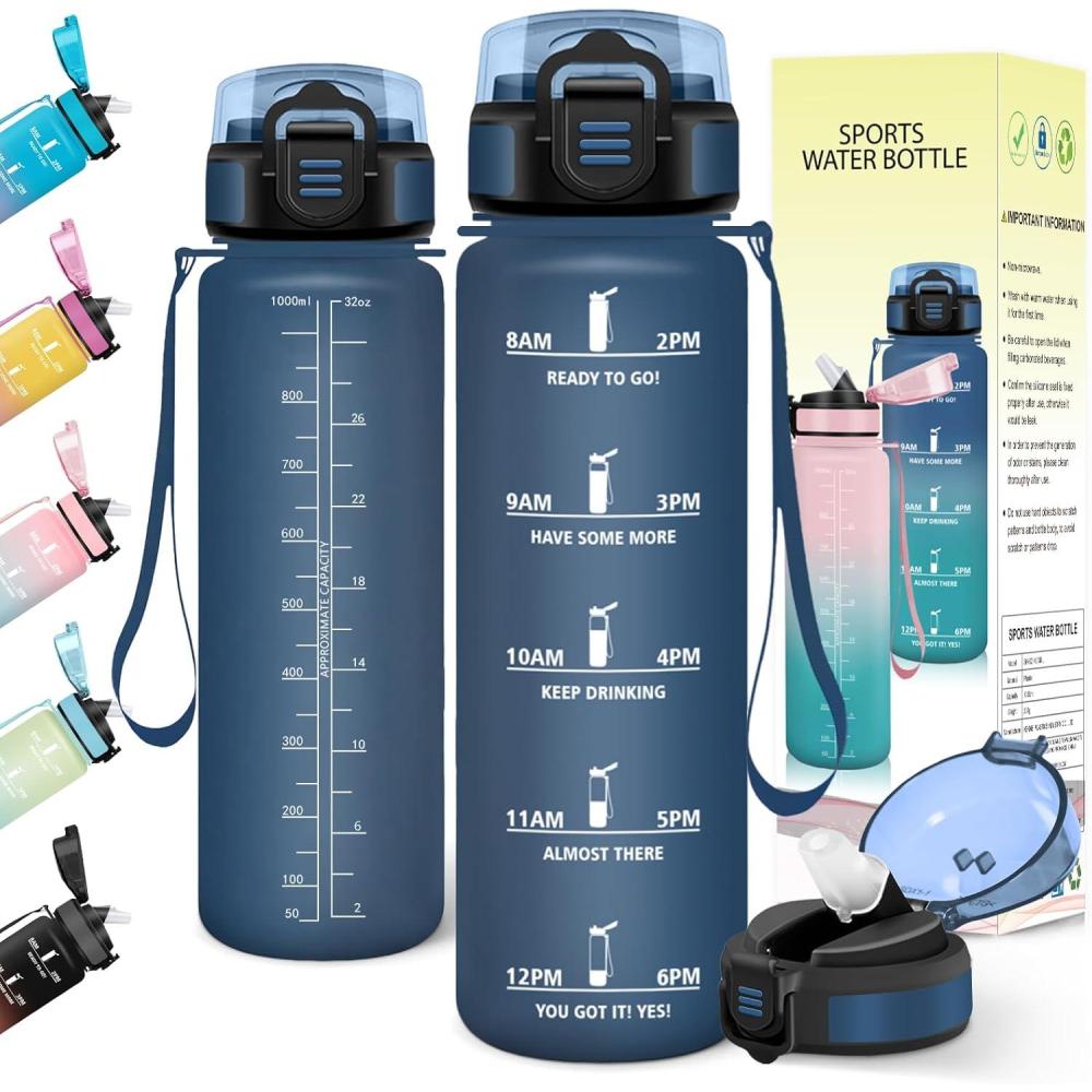 imageGourde 1l AntiFuite Gourde Sport avec Paille Bouteille avec Marqueur de Temps Bouteille deau Rutilisable pour Fitness Yoga Sport Camping Gym Travail Blanc CassBleu ClairBleu Fonc