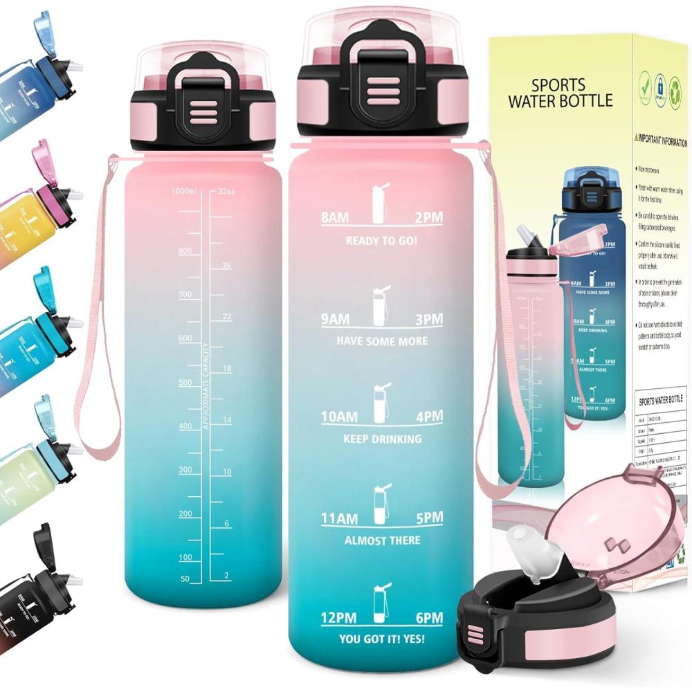 imageGourde 1l AntiFuite Gourde Sport avec Paille Bouteille avec Marqueur de Temps Bouteille deau Rutilisable pour Fitness Yoga Sport Camping Gym Travail Blanc CassBleu ClairRosevert