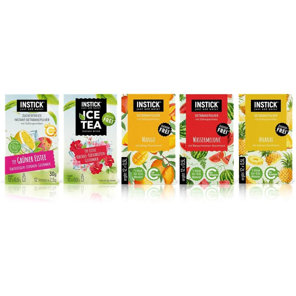 imageINSTICK Boisson instantane sans sucre Lot 25 paquets de 12 sachets chacun pour 12x05L diffrentes sortes classiques boisson en poudre vgtalienne faible en calories avec vitamine CLot exotique