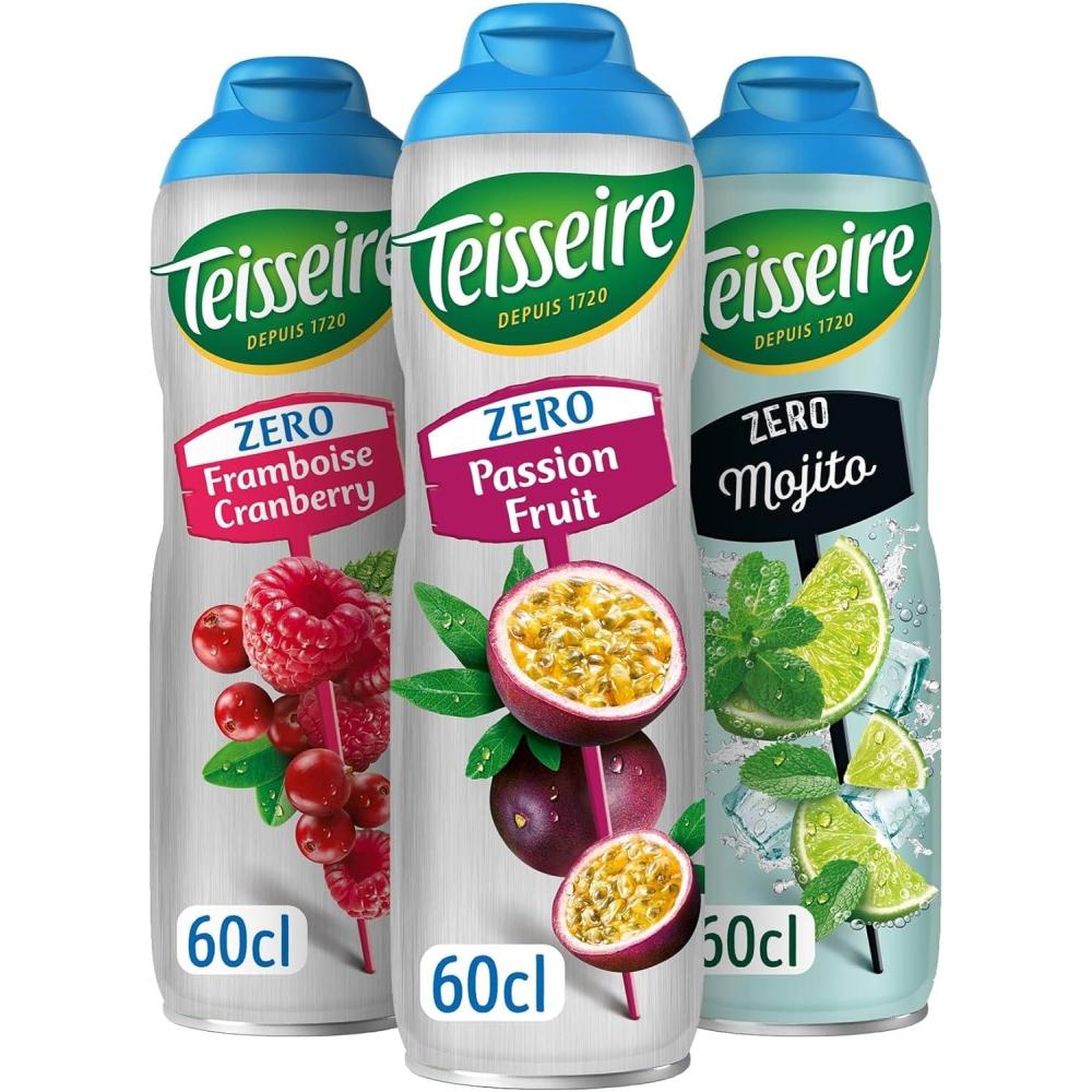 imageLot de 3 sirops Teisseire Zro Sucres Fruit de la Passion FramboiseCranberry Mojito pour Boisson Rafrachissante Cocktails Bidon Recyclable 3x60cl
