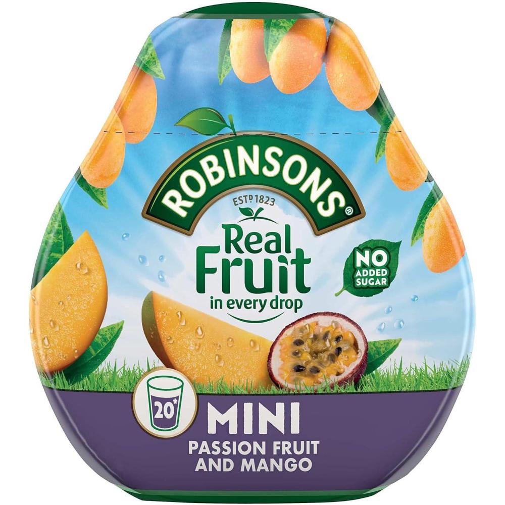 imageRobinsons Mini  Sans sucre ajout  Faible teneur en calories  Fruit de la passion et mangue  Pour 20 boissons par paquet