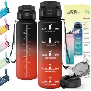 Gourde 1l, Anti-Fuite, Gourde Sport, avec Paille, Bouteille, avec Marqueur de Temps, Bouteille d&rsquo;eau, Réutilisable, pour Fitness, Yoga, Sport, Camping, Gym, Travail, Blanc Cassé-Bleu Clair(Noir-rouge)