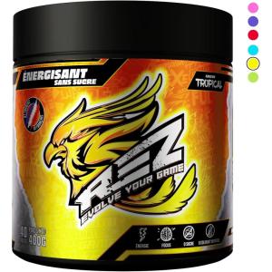 Rez | Energy Drink en Poudre | Boisson Énergisante SANS Sucre | Colorants et Arômes Naturels | Fabriqué en France | 40 Shakers en 1 Pot (400g (Lot de 1), Ice Tea Pêche)(Tropical)