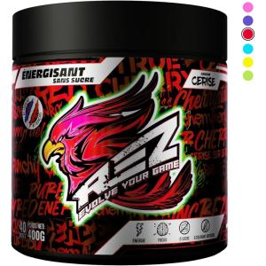 Rez | Energy Drink en Poudre | Boisson Énergisante SANS Sucre | Colorants et Arômes Naturels | Fabriqué en France | 40 Shakers en 1 Pot (400g (Lot de 1), Ice Tea Pêche)(Cerise)