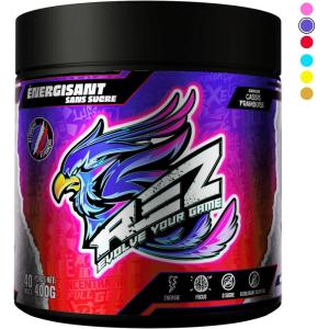 Rez | Energy Drink en Poudre | Boisson Énergisante SANS Sucre | Colorants et Arômes Naturels | Fabriqué en France | 40 Shakers en 1 Pot (400g (Lot de 1), Ice Tea Pêche)(Cassis Framboise)
