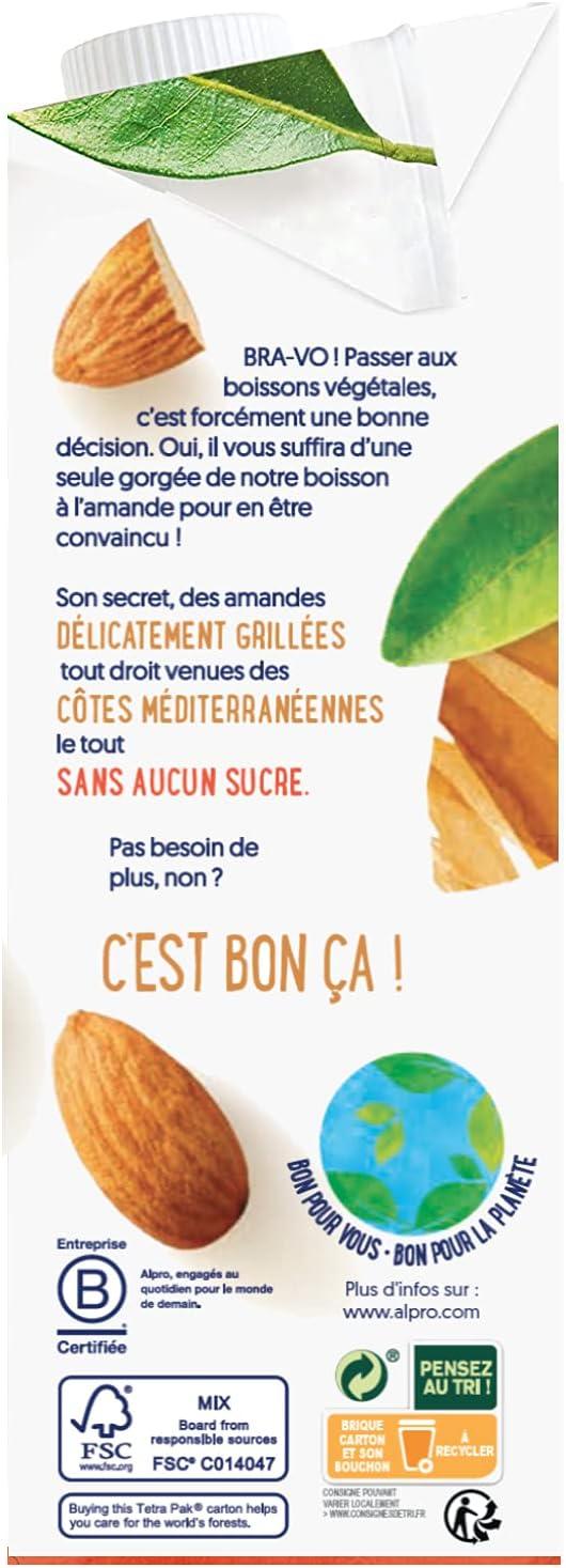 imageAlpro Boisson Vgtale Lait dAmande Grille Sans Sucres 1L Lot de 4x1LLait damande grille sans sucre