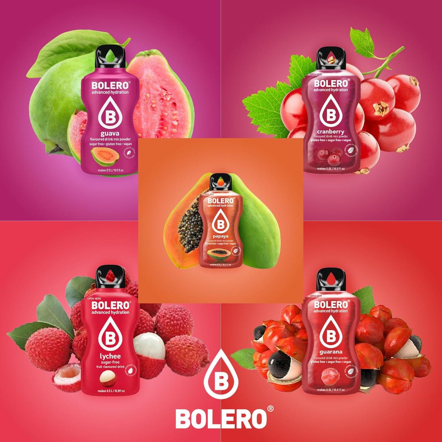 imageBOLERO Assortiment de 20 sticks 9g de Poudre pour Boisson sans sucre la Stevia Sans Conservateur ni colorants artificiels Faible en calories il convient pour toute la Famille