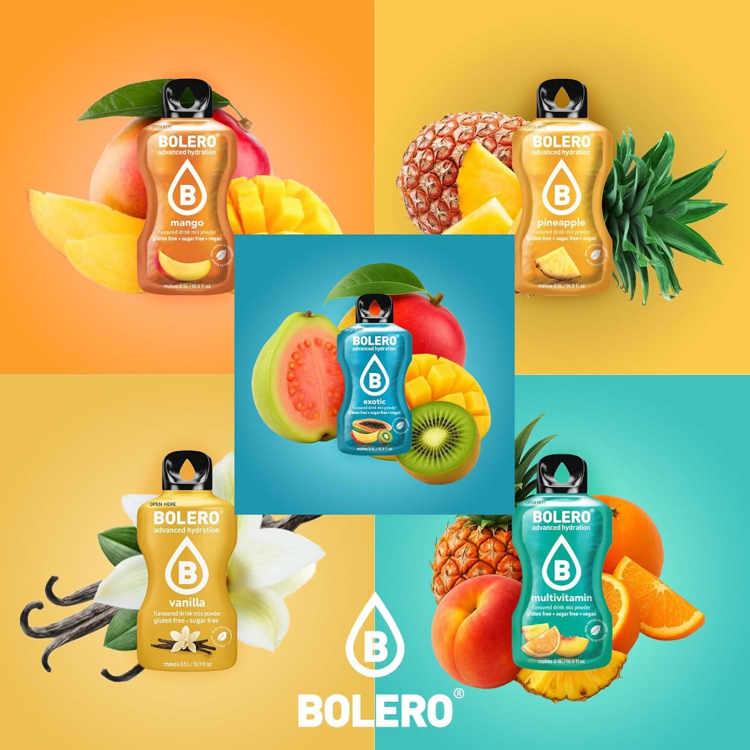 imageBOLERO Assortiment de 20 sticks 9g de Poudre pour Boisson sans sucre la Stevia Sans Conservateur ni colorants artificiels Faible en calories il convient pour toute la Famille