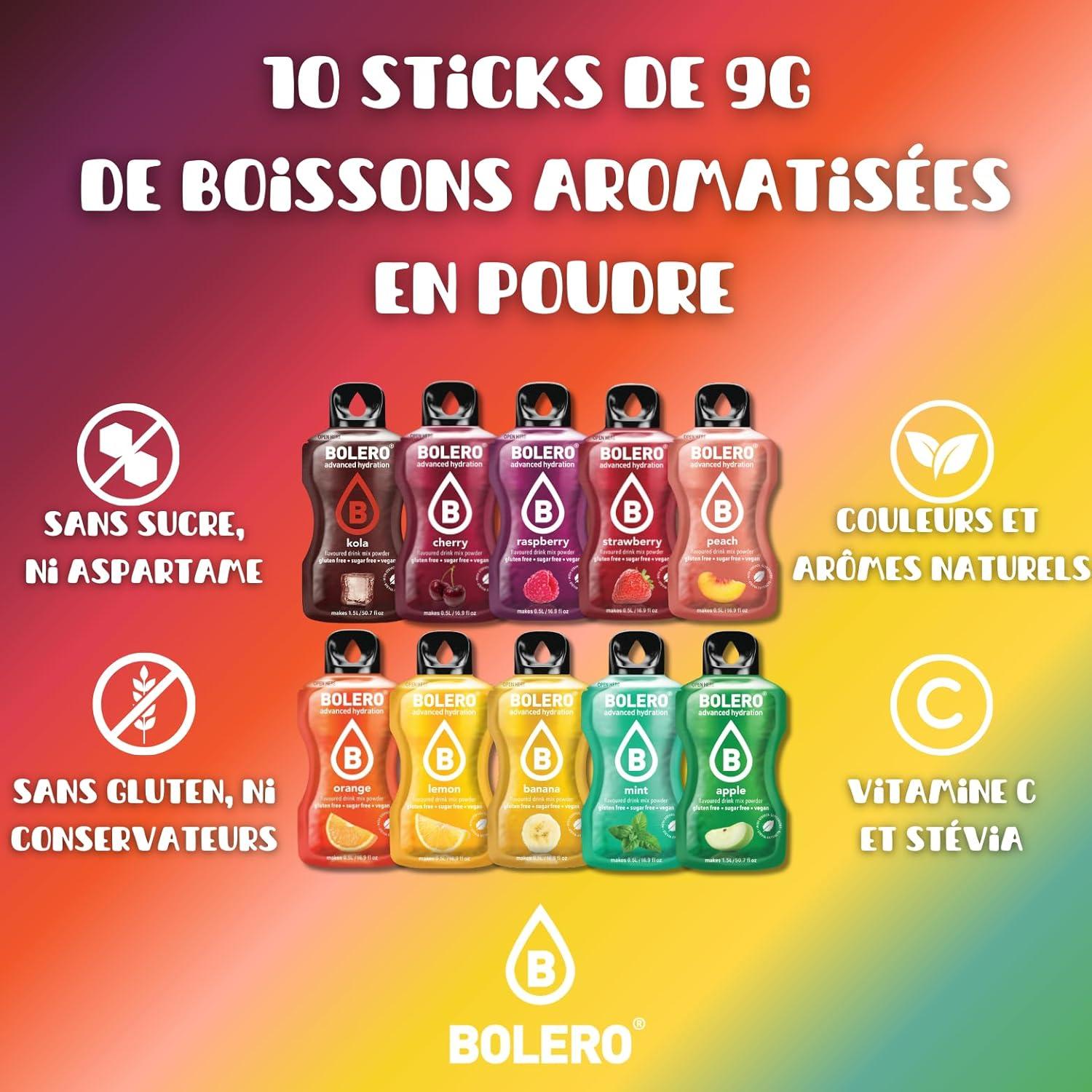 imageBOLERO Assortiment de 20 sticks 9g de Poudre pour Boisson sans sucre la Stevia Sans Conservateur ni colorants artificiels Faible en calories il convient pour toute la Famille