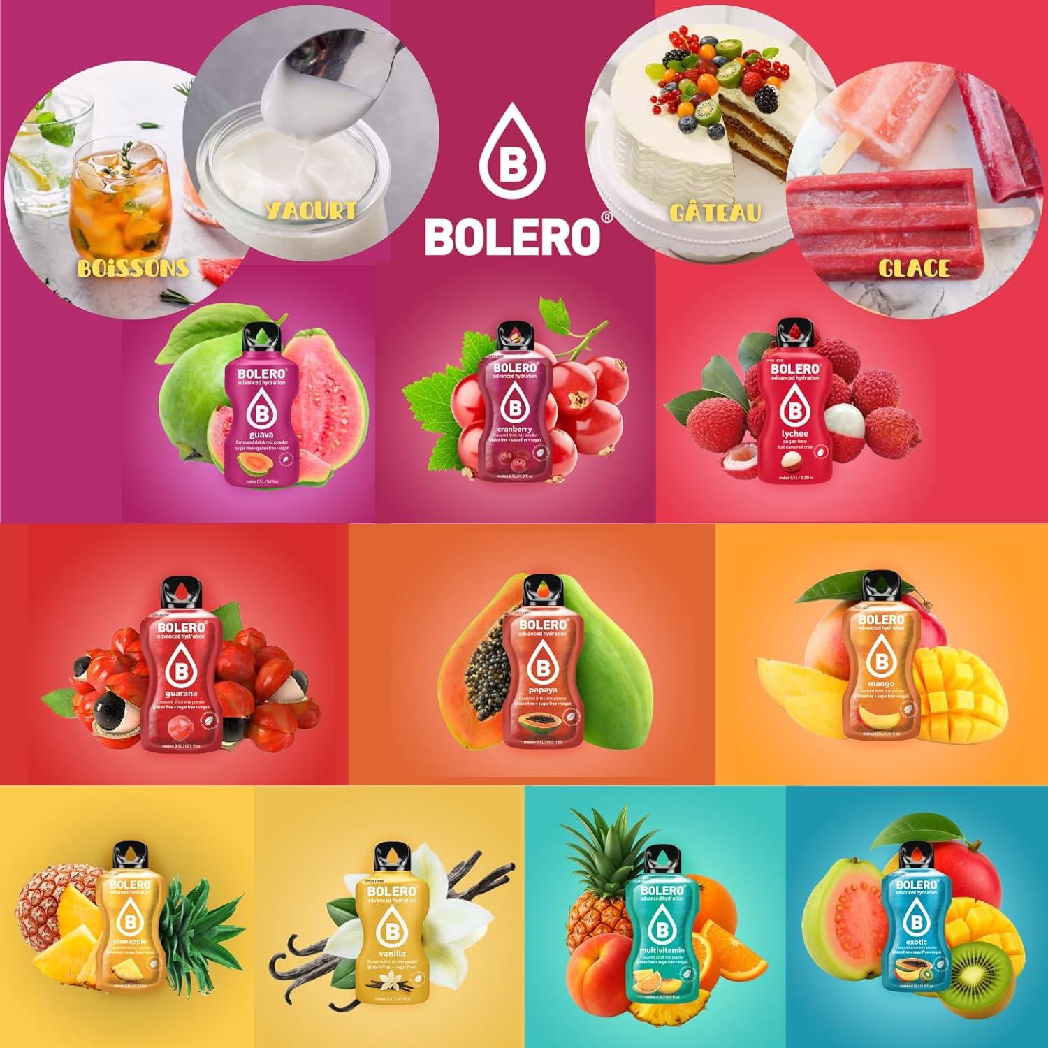 imageBOLERO Assortiment de 20 sticks 9g de Poudre pour Boisson sans sucre la Stevia Sans Conservateur ni colorants artificiels Faible en calories il convient pour toute la Famille