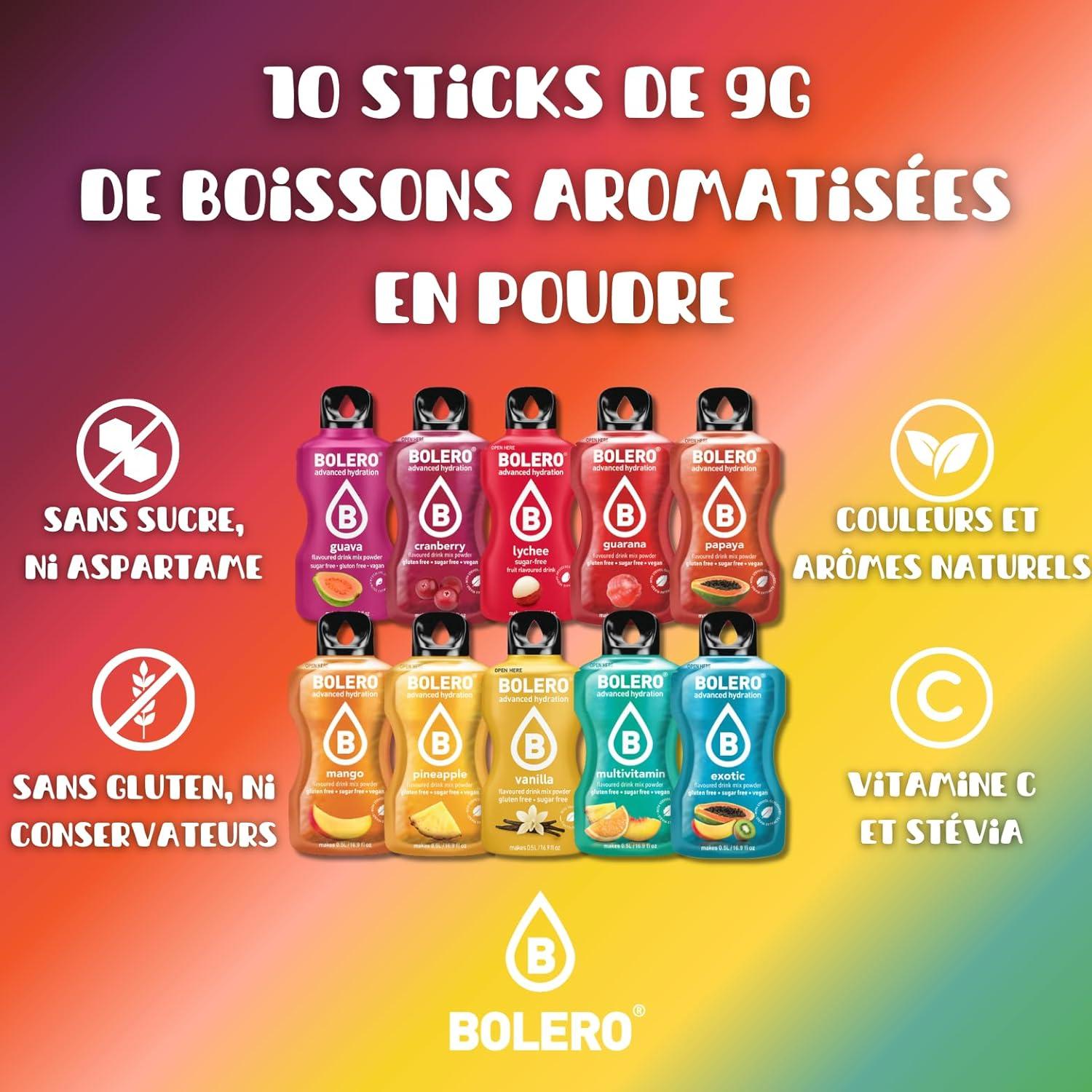 imageBOLERO Mga Assortiment de 35 sticks 9g de Poudre pour Boisson sans sucre la Stevia Sans Conservateur ni colorants artificiels Faible en calories il convient pour toute la Famille