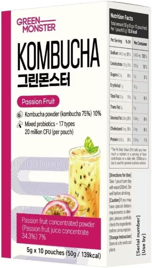 imageGreen Monster Kombucha Fruit de la Passion 10x5g Boisson de th ferment en sachets Sans sucre mlanger avec 200 ml deau Pratique emporter Produit de Core