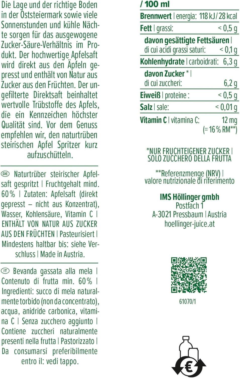 imageHLLINGER Spritzer de Pomme Steirischer Naturtrb Boisson Ptillante Sans Sucre Ajout Vgtalien 500ml