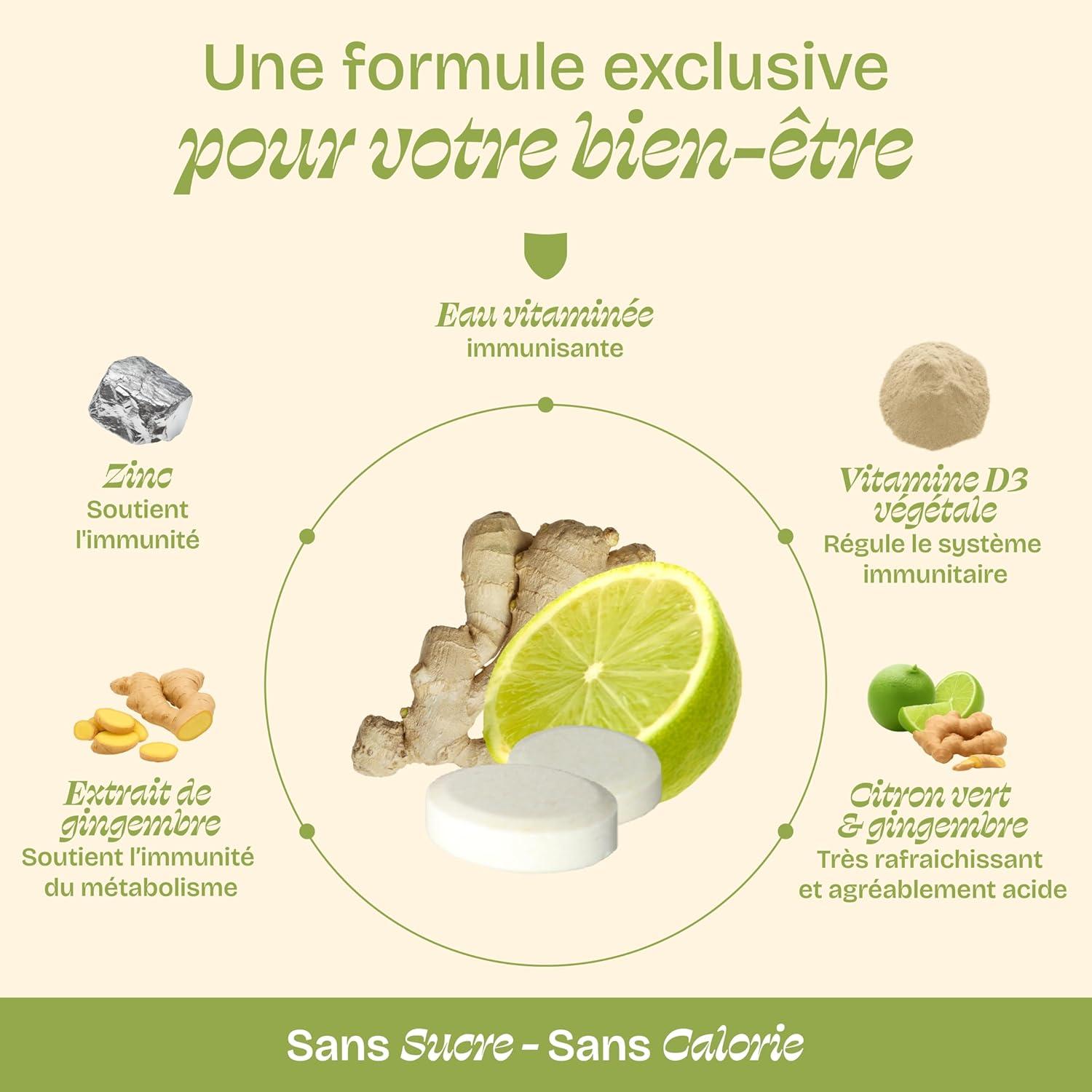 imageHYDROLOGY Eau Aromatise Pastilles sans sucre Boisson vitamine soutien immunitaire Hydratation quotidienne 15 pastilles effervescentes Vgan ampamp naturel Citron Vert Gingembre ImmunitCitron vert Gingembre
