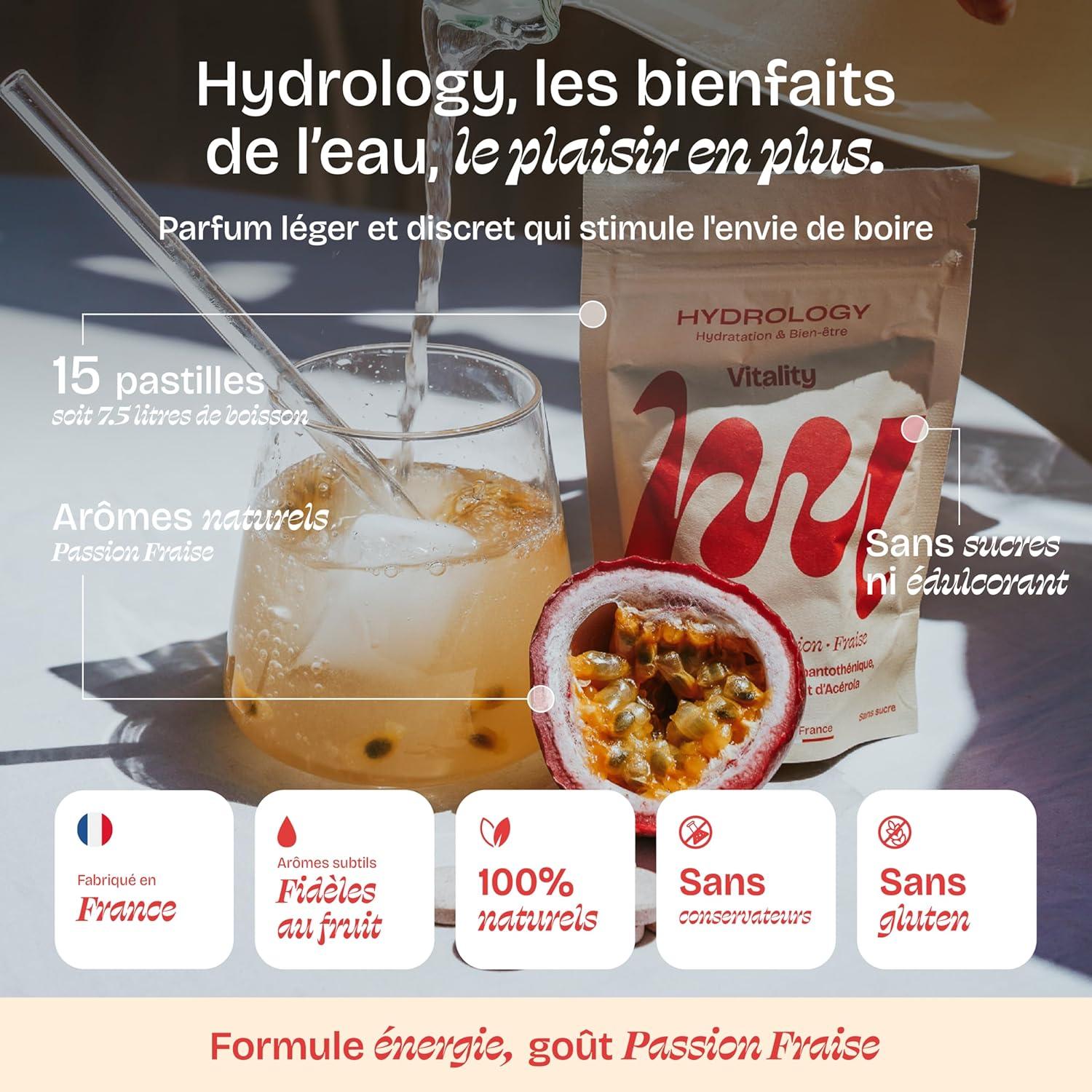 imageHYDROLOGY Eau Aromatise Pastilles sans sucre Boisson vitamine soutien immunitaire Hydratation quotidienne 15 pastilles effervescentes Vgan ampamp naturel Citron Vert Gingembre ImmunitFruit de la passion Fraise