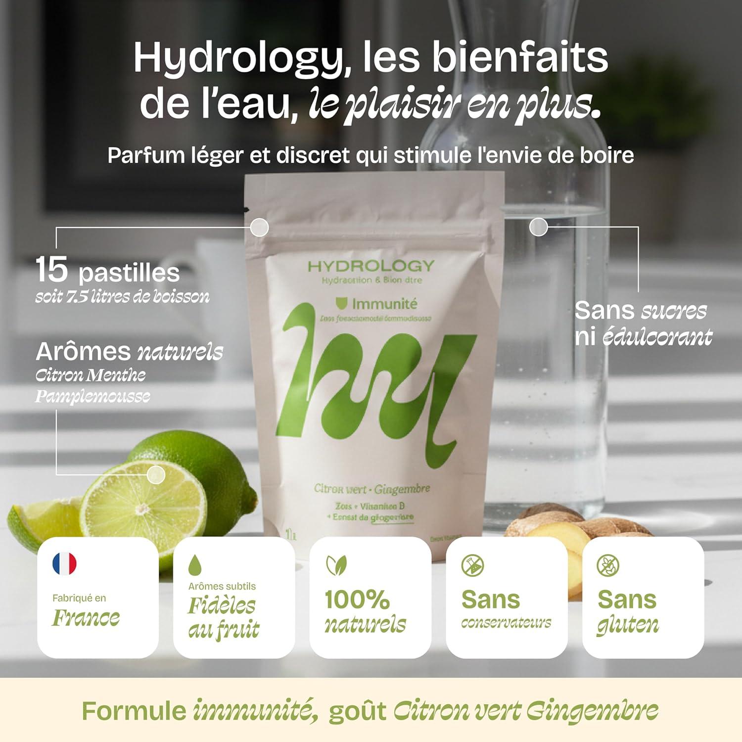 imageHYDROLOGY Eau Aromatise Pastilles sans sucre Boisson vitamine soutien immunitaire Hydratation quotidienne 15 pastilles effervescentes Vgan ampamp naturel Citron Vert Gingembre ImmunitCitron vert Gingembre