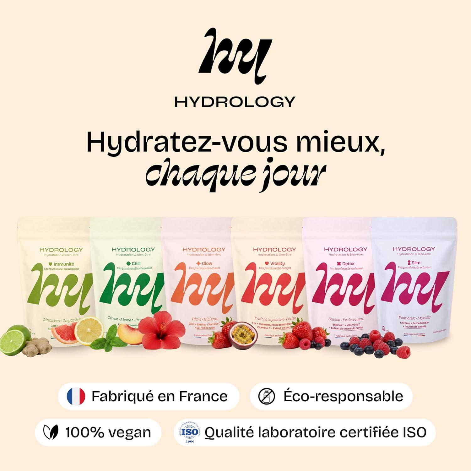 imageHYDROLOGY Eau Aromatise Pastilles sans sucre Boisson vitamine soutien immunitaire Hydratation quotidienne 15 pastilles effervescentes Vgan ampamp naturel Citron Vert Gingembre ImmunitFruit de la passion Fraise