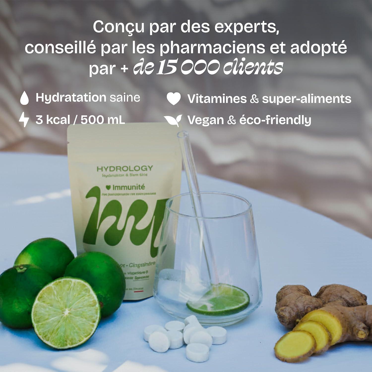 imageHYDROLOGY Eau Aromatise Pastilles sans sucre Boisson vitamine soutien immunitaire Hydratation quotidienne 15 pastilles effervescentes Vgan ampamp naturel Citron Vert Gingembre ImmunitCitron vert Gingembre