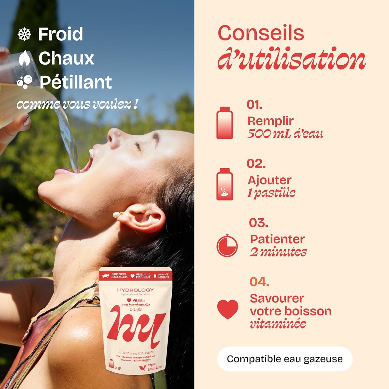 imageHYDROLOGY Eau Aromatise Pastilles sans sucre Boisson vitamine soutien immunitaire Hydratation quotidienne 15 pastilles effervescentes Vgan ampamp naturel Citron Vert Gingembre ImmunitFruit de la passion Fraise