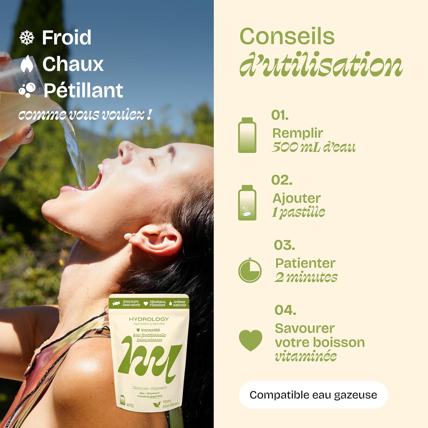 imageHYDROLOGY Eau Aromatise Pastilles sans sucre Boisson vitamine soutien immunitaire Hydratation quotidienne 15 pastilles effervescentes Vgan ampamp naturel Citron Vert Gingembre ImmunitCitron vert Gingembre