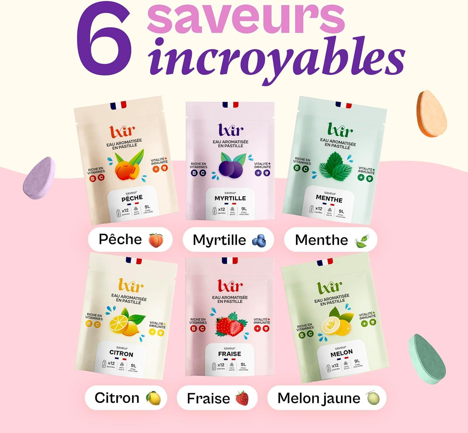 imageLXIR DRINK Eau aromatise en pastille sans sucre Boisson multivitamines Riche en vitamines C et B Hydratation quotidienne Beaut de la peau Vitalit 36 pastilles CitronPcheMentheCitronPecheMenthe