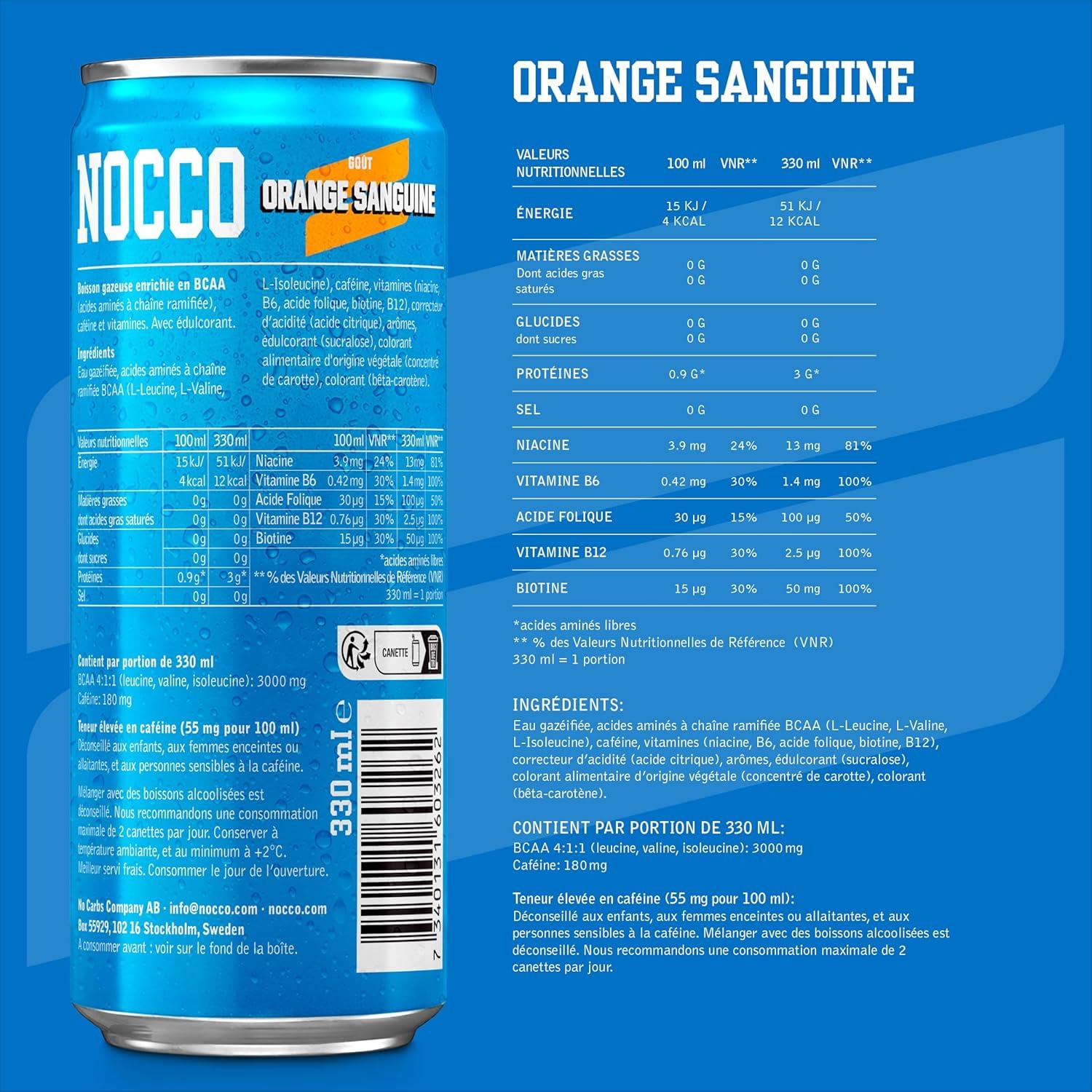 imageNOCCO Boisson nergissante got citron 180 mg cafine 24x330ml Boissons nergtiques Sans Sucre BCAA Limon Del SolBlood Orange