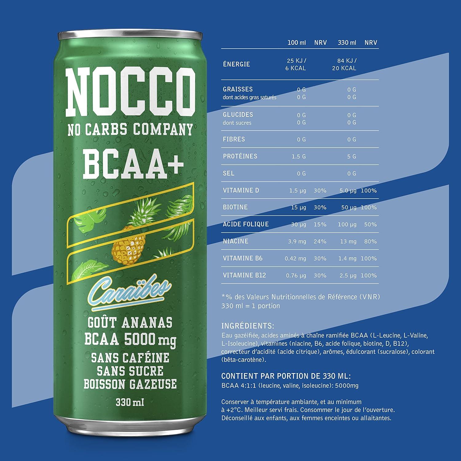 imageNOCCO Boisson nergissante got citron 180 mg cafine 24x330ml Boissons nergtiques Sans Sucre BCAA Limon Del SolCarabes BCAA