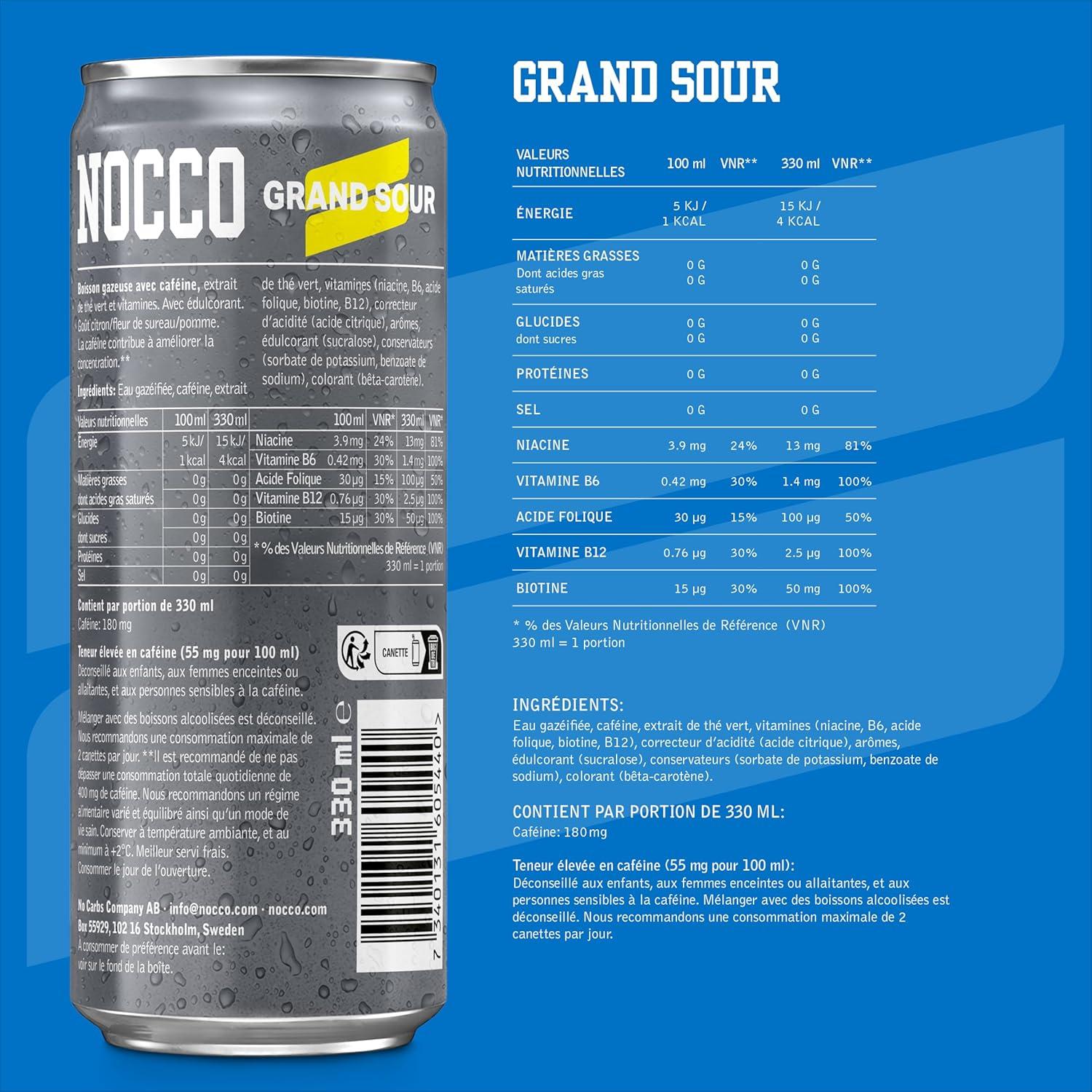 imageNOCCO Boisson nergissante got citron 180 mg cafine 24x330ml Boissons nergtiques Sans Sucre BCAA Limon Del SolGrand Sour