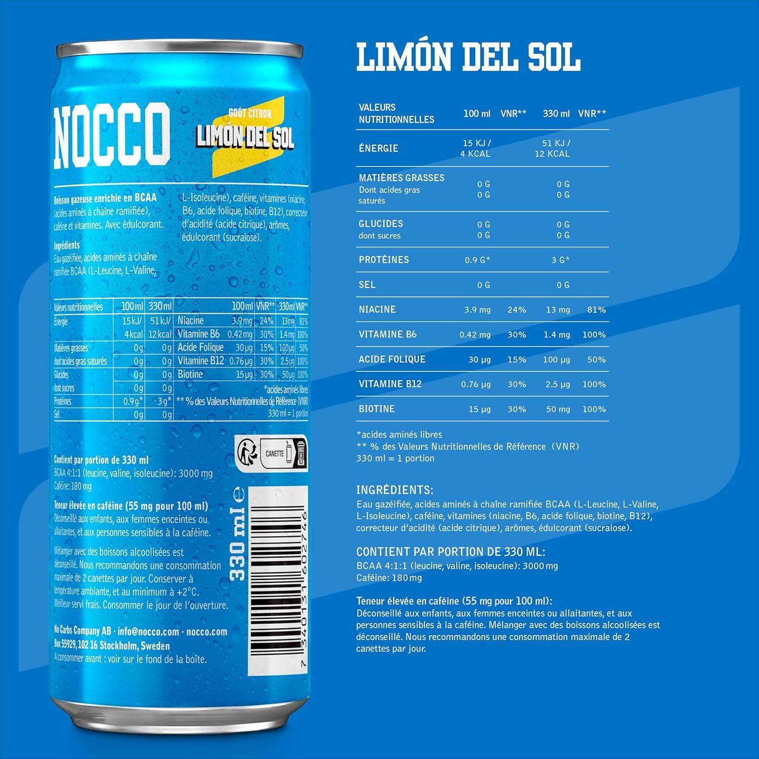 imageNOCCO Boisson nergissante got citron 180 mg cafine 24x330ml Boissons nergtiques Sans Sucre BCAA Limon Del SolLimon Del Sol