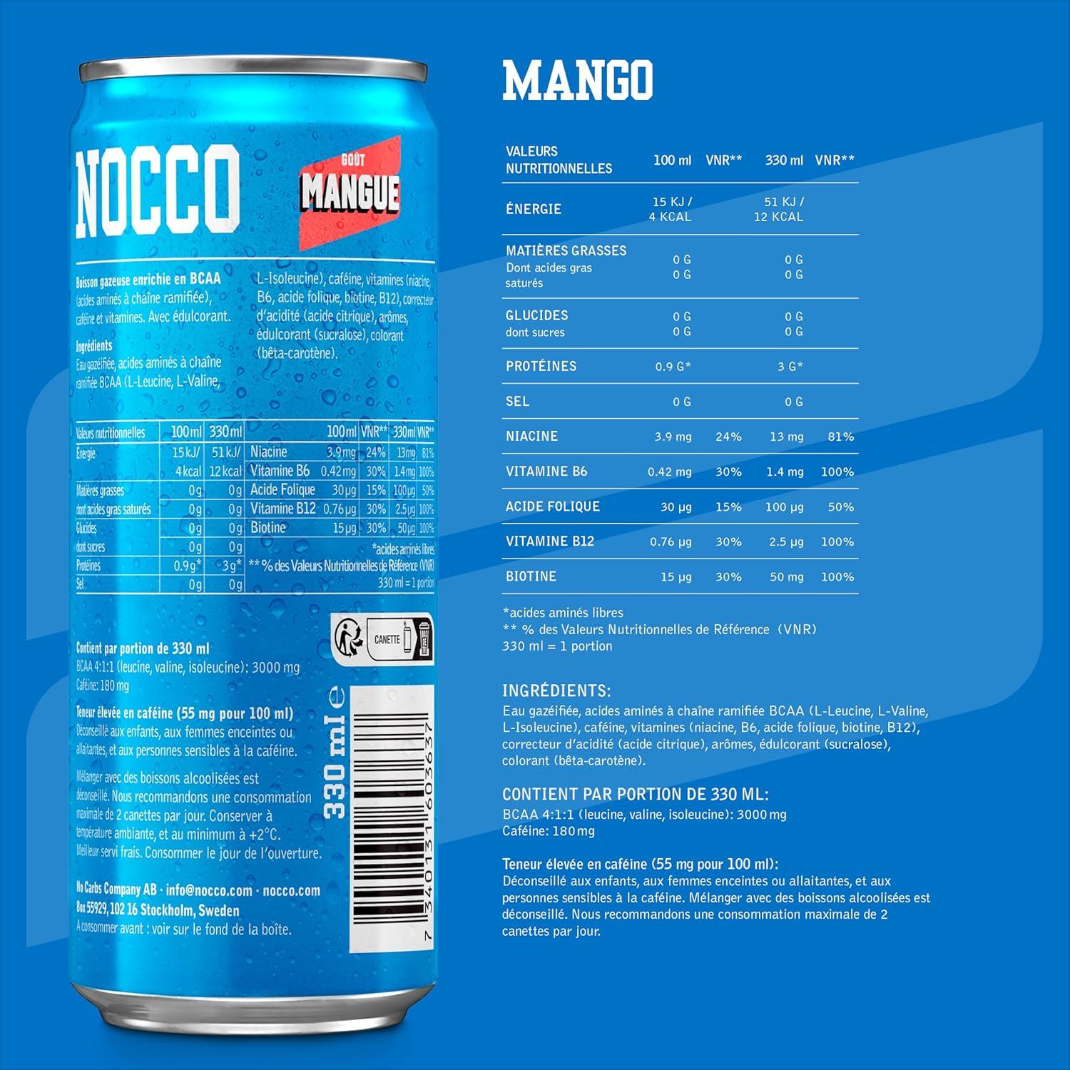 imageNOCCO Boisson nergissante got citron 180 mg cafine 24x330ml Boissons nergtiques Sans Sucre BCAA Limon Del SolMangue