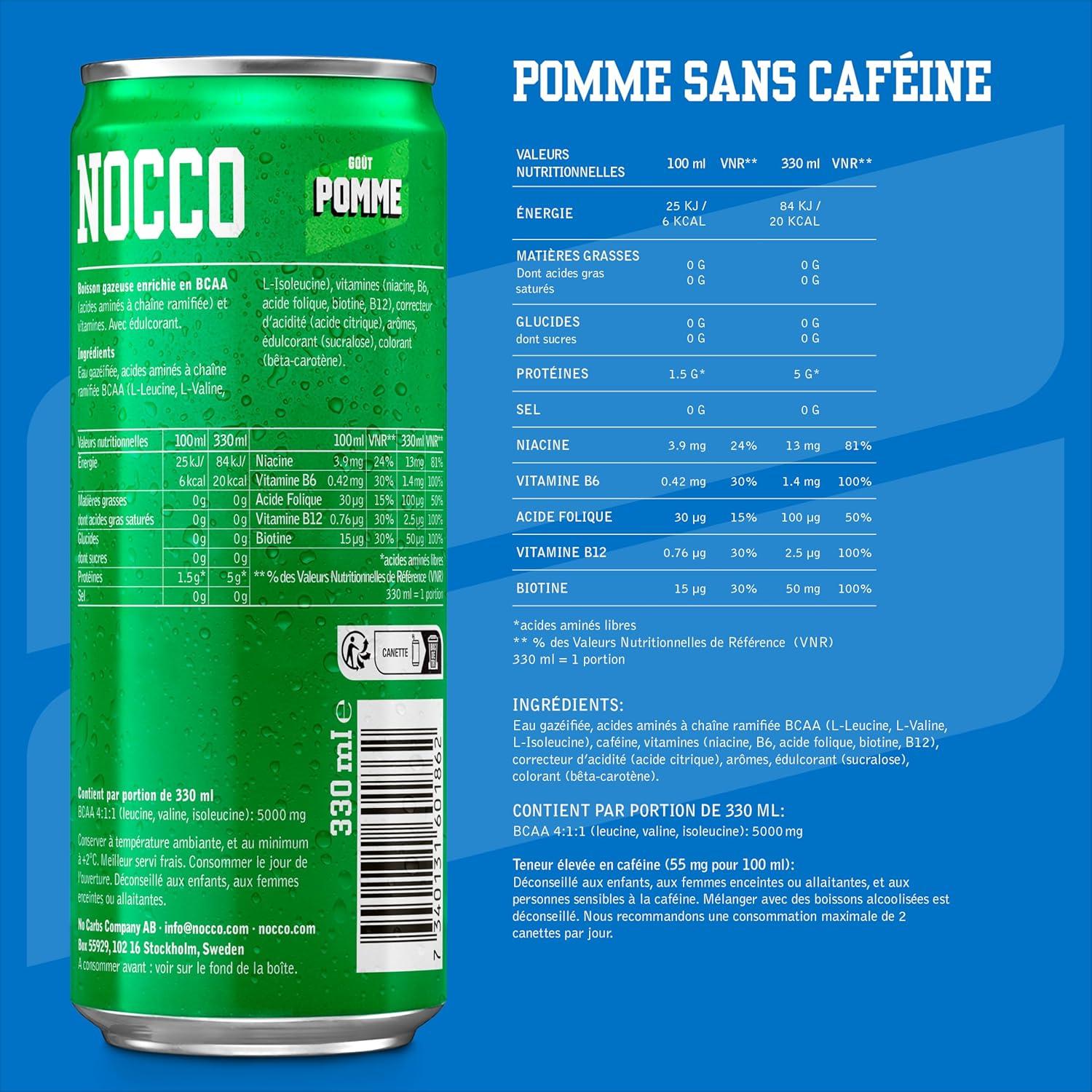 imageNOCCO Boisson nergissante got citron 180 mg cafine 24x330ml Boissons nergtiques Sans Sucre BCAA Limon Del SolPomme