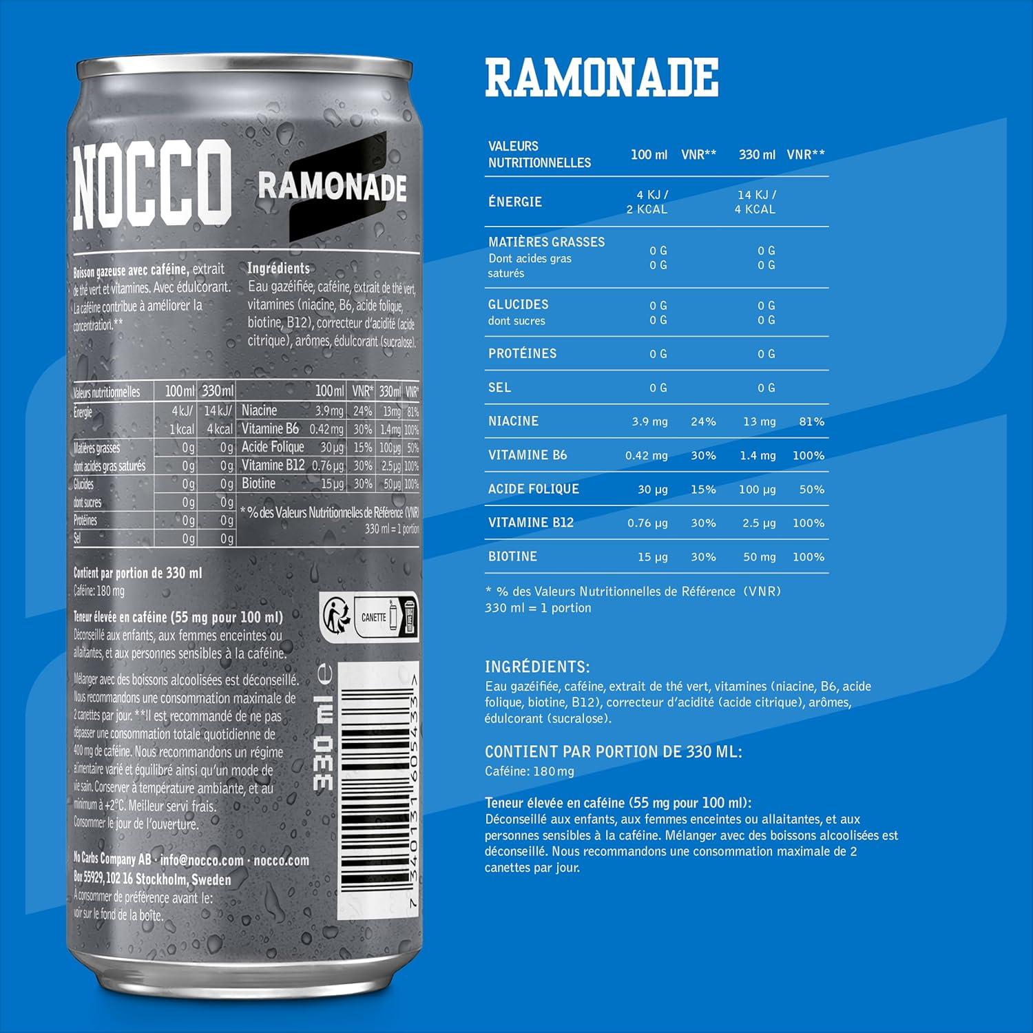 imageNOCCO Boisson nergissante got citron 180 mg cafine 24x330ml Boissons nergtiques Sans Sucre BCAA Limon Del SolRamonade