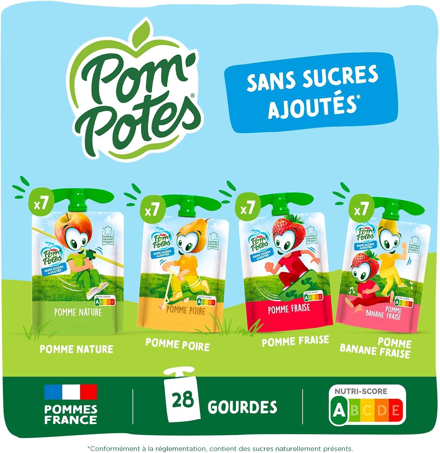 imagePOMPOTES Compote Gourde Sans Sucres Ajouts Pomme Nature Pomme Poire Pomme Banane Pomme Banane Fraise Pommes Franaises Source De Fibres NutriScore A 3 Ans Et Plus 28 x 90g