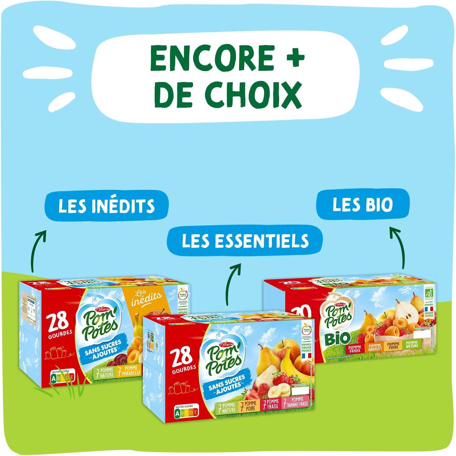 imagePOMPOTES Compote Gourde Sans Sucres Ajouts Pomme Nature Pomme Poire Pomme Banane Pomme Banane Fraise Pommes Franaises Source De Fibres NutriScore A 3 Ans Et Plus 28 x 90g