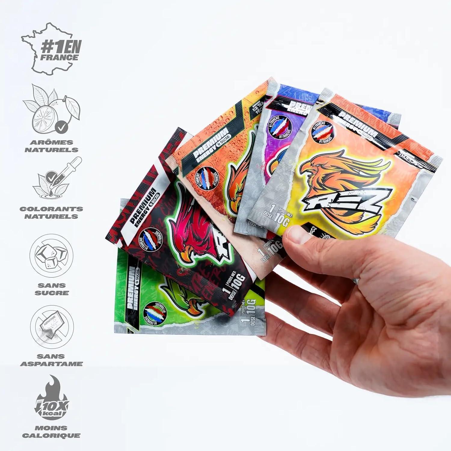 imageREZ Pack Starter Energy Drink en Poudre Boisson nergisante SANS sucre Colorants et Armes Naturels Seulement 30 calories Fabriqu en France Standard