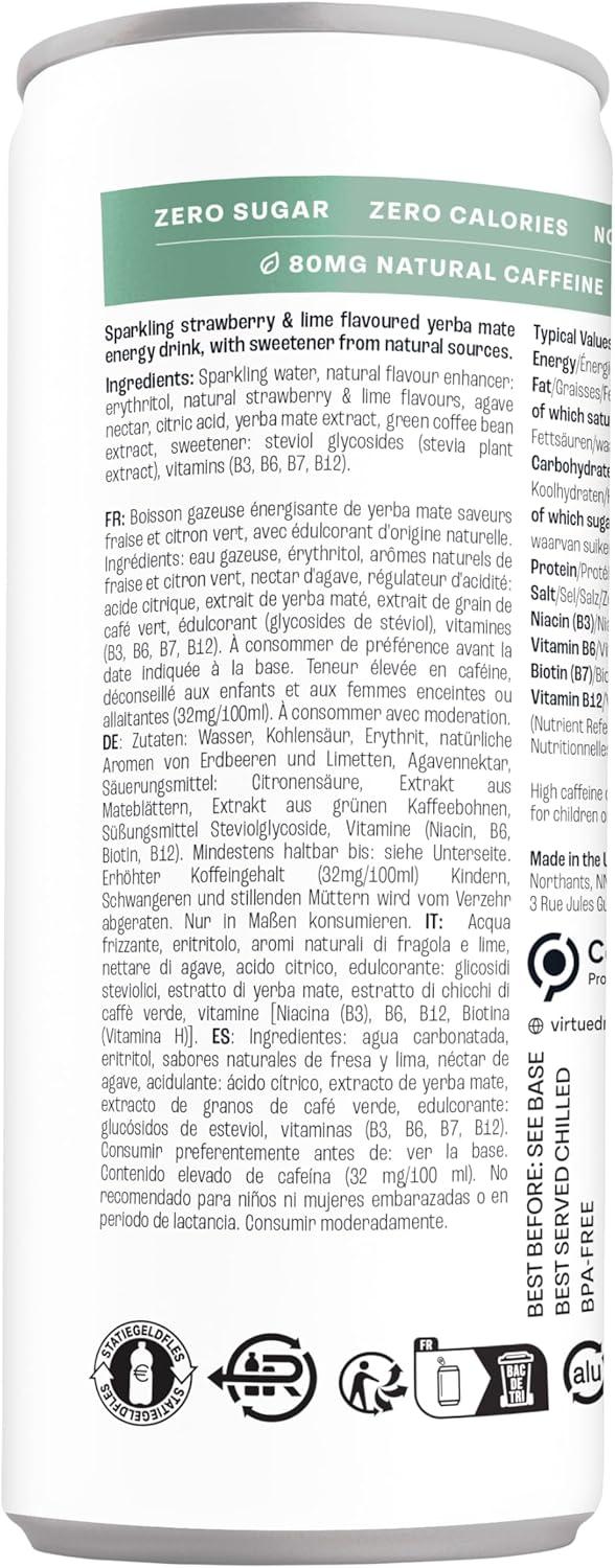 imageVirtue Yerba Mate Boisson nergisante Naturelle Sans Sucre Sans Calories Vgtalien Sans gluten Ctogne Vitamine B Fruits TropicauxFraises et Citron Vert