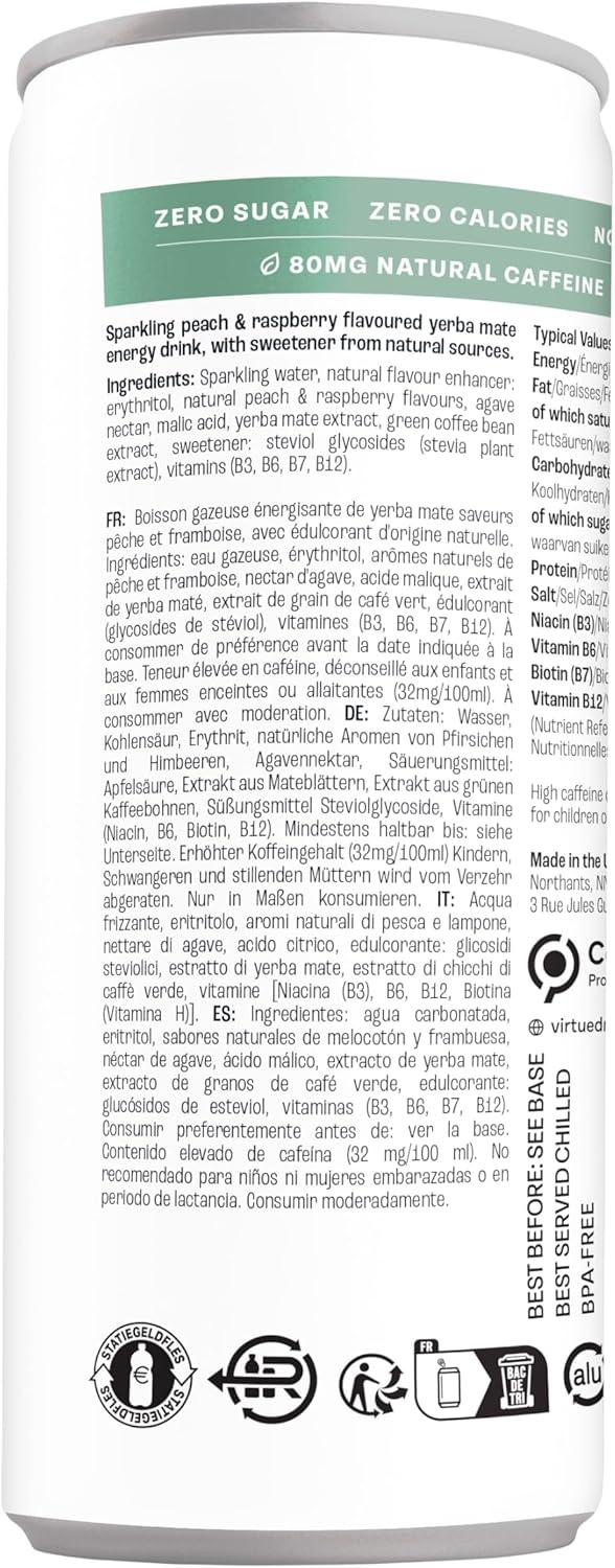 imageVirtue Yerba Mate Boisson nergisante Naturelle Sans Sucre Sans Calories Vgtalien Sans gluten Ctogne Vitamine B Fruits TropicauxPche et Framboise