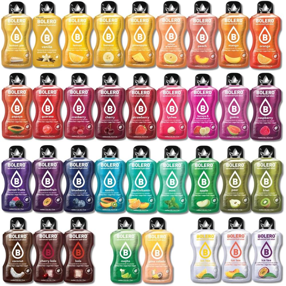 imageBOLERO  Mga Assortiment de 35 sticks 9g de Poudre pour Boisson sans sucre  la Stevia  Sans Conservateur ni colorants artificiels Faible en calories il convient pour toute la Famille