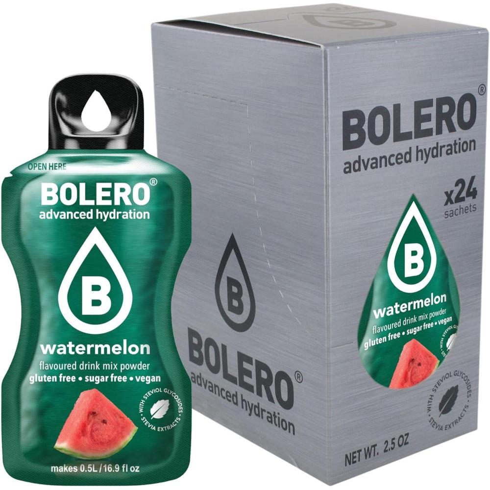 imageBolero WATERMELON 24x3g Jus en poudre sans sucre dulcor la stvia vitamine C pour enfants et sportifs sans gluten vgtalien saveur pastque