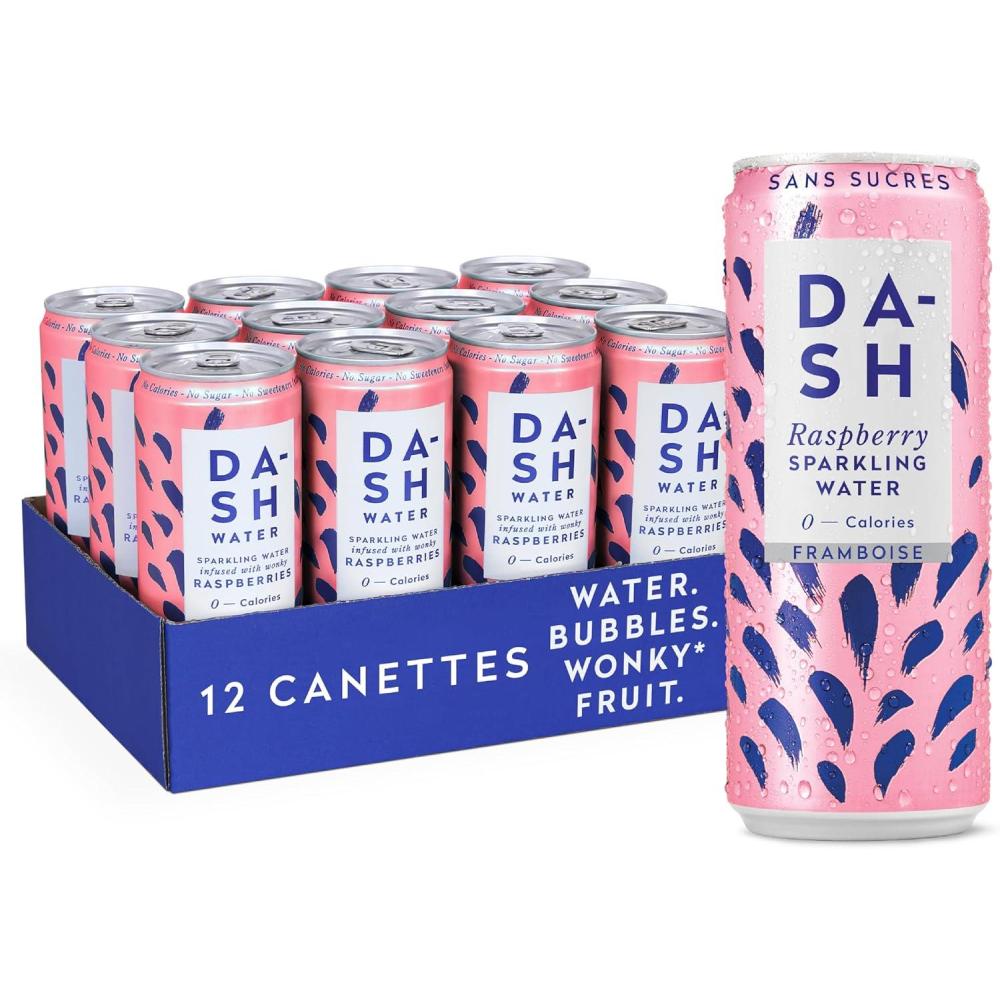 imageDASH 12x Eaux ptillantes aromatises la framboise SANS Sucre SANS dulcorant SANS calories Infuses avec des Fruits rejets 12x330ml
