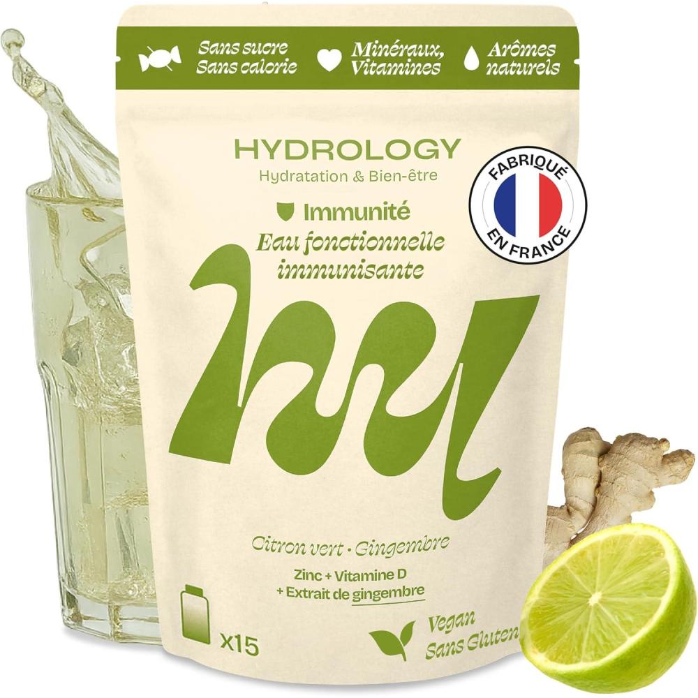 imageHYDROLOGY Eau Aromatise Pastilles sans sucre Boisson vitamine soutien immunitaire Hydratation quotidienne 15 pastilles effervescentes Vgan ampamp naturel Citron Vert Gingembre ImmunitCitron vert Gingembre