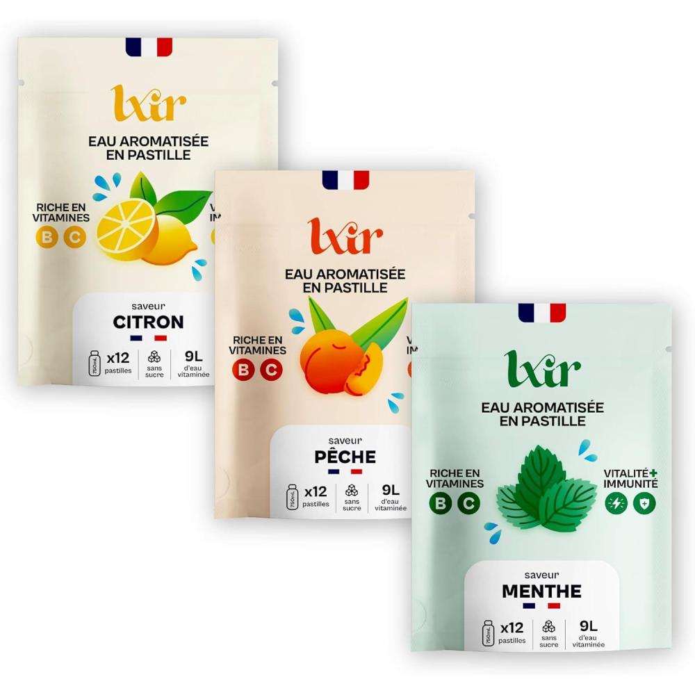 imageLXIR DRINK Eau aromatise en pastille sans sucre Boisson multivitamines Riche en vitamines C et B Hydratation quotidienne Beaut de la peau Vitalit 36 pastilles CitronPcheMentheCitronPecheMenthe