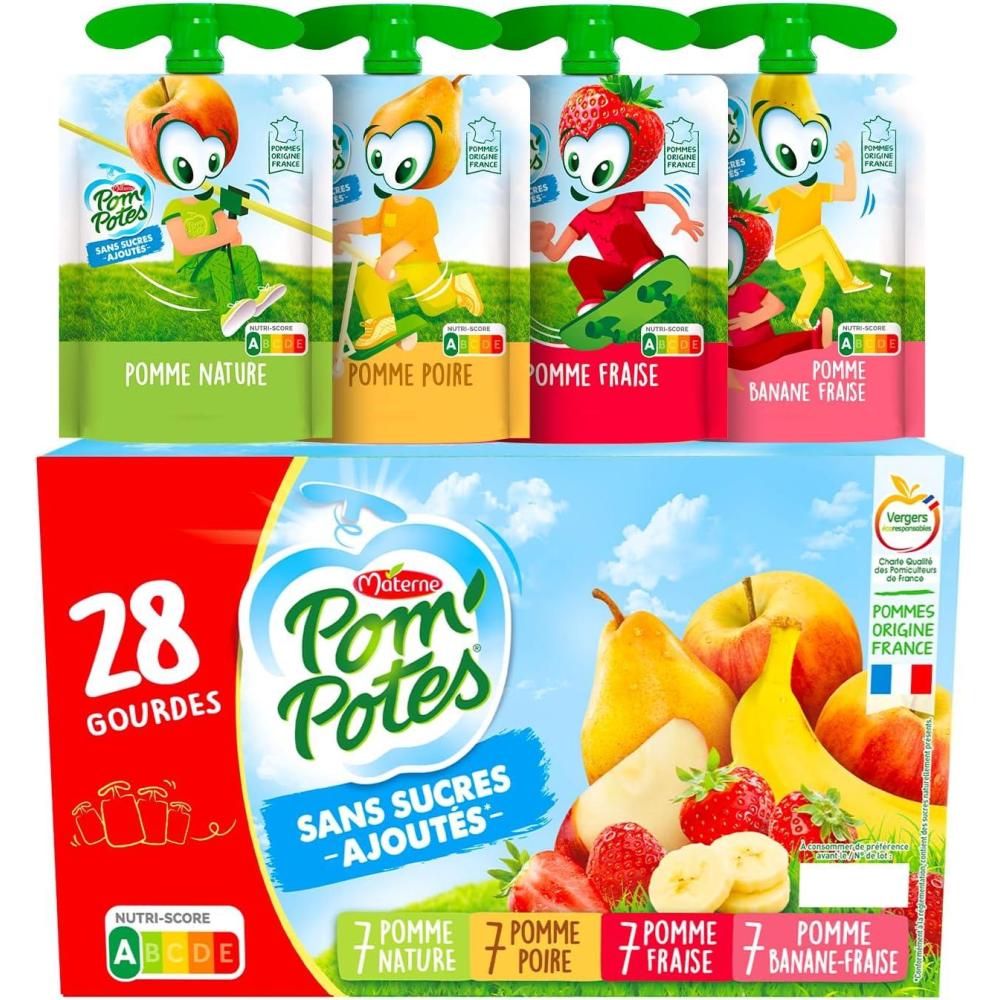 imagePOMPOTES  Compote Gourde Sans Sucres Ajouts  Pomme Nature  Pomme Poire  Pomme Banane  Pomme Banane Fraise  Pommes Franaises  Source De Fibres  NutriScore A  3 Ans Et Plus  28 x 90g