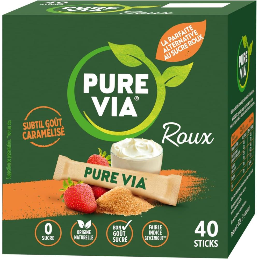 imagePure Via Roux Sticks Faible teneur en calorie Zro Sucre 40 sticks Alternative dOrigine Naturelle au Sucre Roux 60g60 g Lot de 1