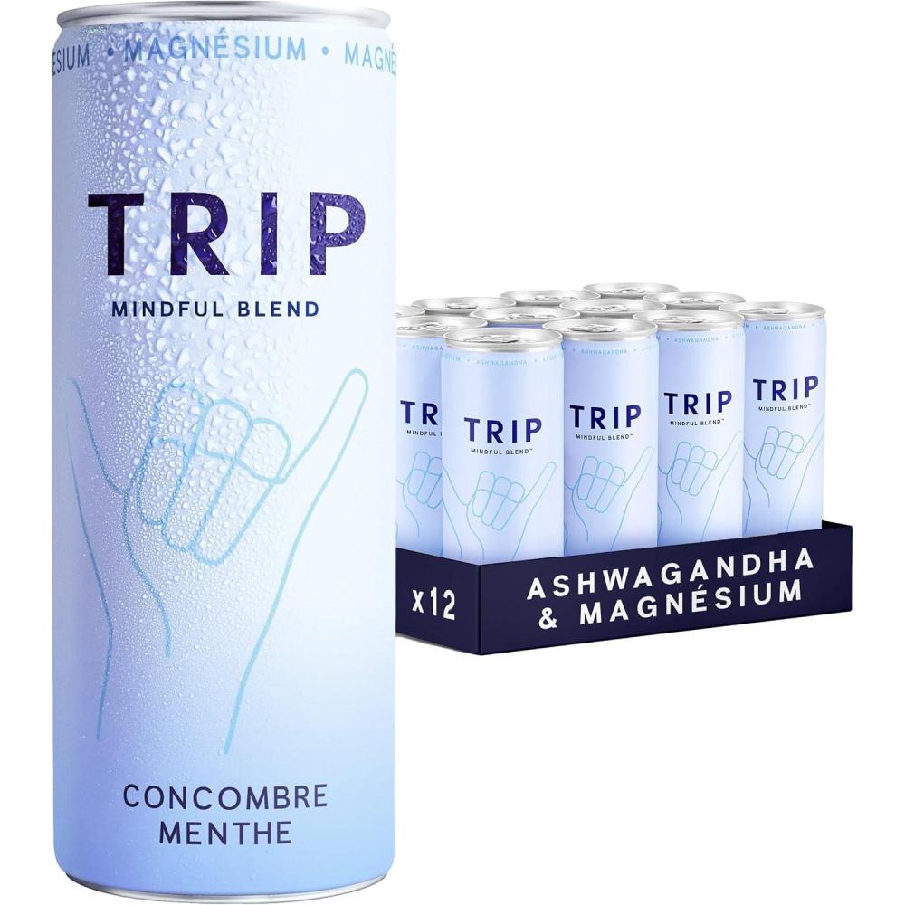 imageTrip Mindful Blend boisson lgrement ptillante aux adaptognes mocktail avec 120mg de magnsium crinire de lion et Lthanine sans sucres ajouts vgtalienne saveur orange sanguine 12 x 250mlMentheConcombre