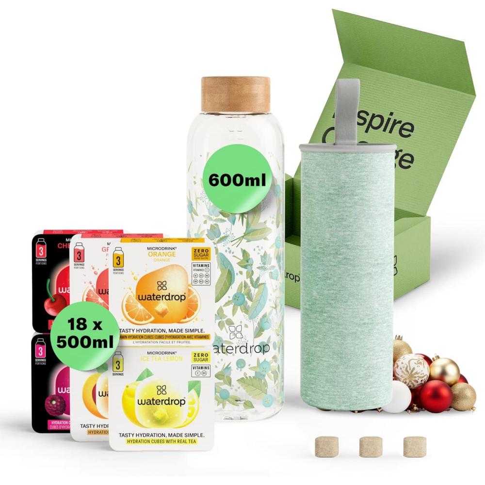 imagewaterdrop Coffret Dgustation Verre  Bouteille en Verre 600ml  18 Cubes  Boire en 6 Saveurs Boisson en Cube avec Vitamine C ampamp Vitamine B Sans Sucre Gourde dEau Coffret Cadeau Femme ampamp HommeClean Melange